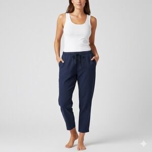 Needle & Cloth Linen Blend Drawstring Waist Cropped Pants Navy Size L Coastal